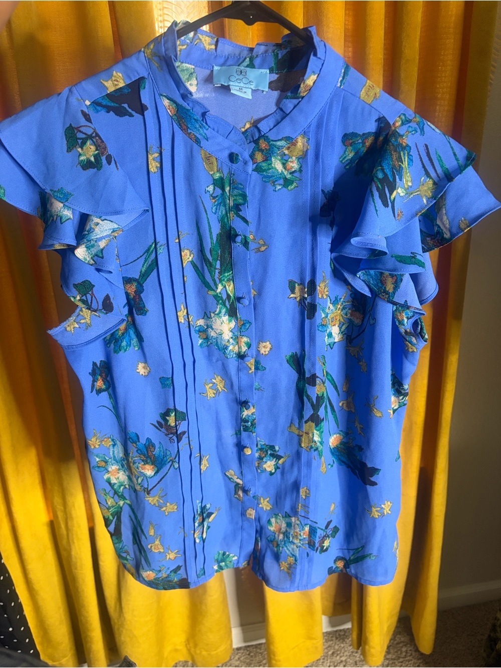 CeCe Blue Floral Ruffle Sleeve Blouse